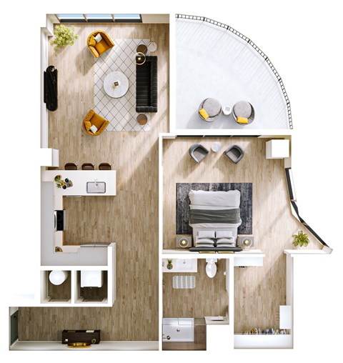 Floor plan for 1 bed, 1 bath, 1033 sqft